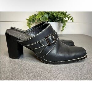 GIANNI BIANI Women’s 8M Black Leather Silver Buckle Western Mule Cowboy Clogs